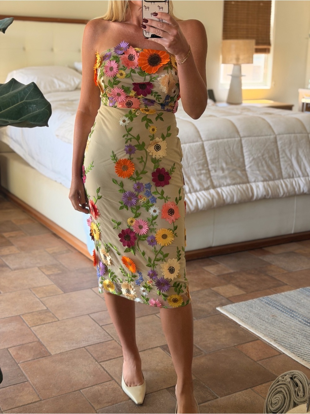 VICI Beige Strapless Midi Dress with Multicolor Floral Embroidery